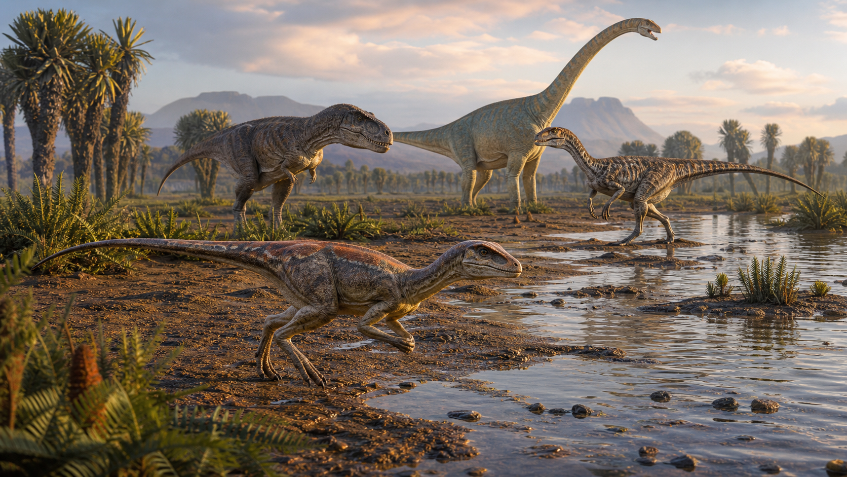 Triassic dinosaur life reconstruction scene